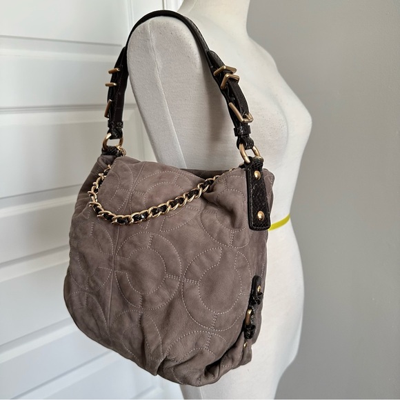 Coach Large OP Art Beige Suede and Snakeskin Shoulder Handbag - Picture 1 of 8